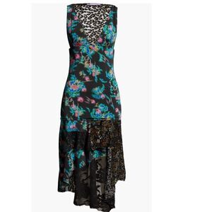 MACCAPANI Katie High Low Dress, Black Blue Floral, Size Large (8), Designer, NWT
